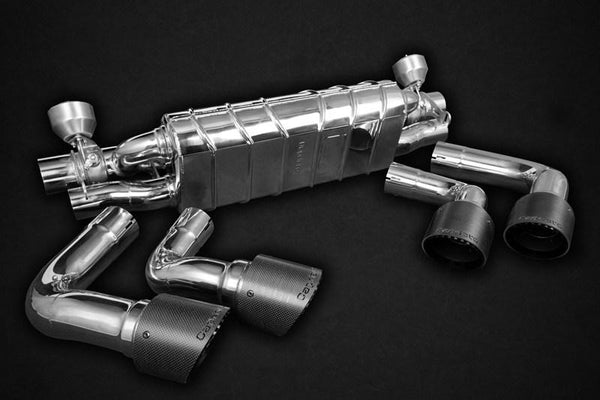 Exhaust system, middle silencer replacement pipes, E2P, with exhaust trims made of anodized aluminum with carbon outer pipe